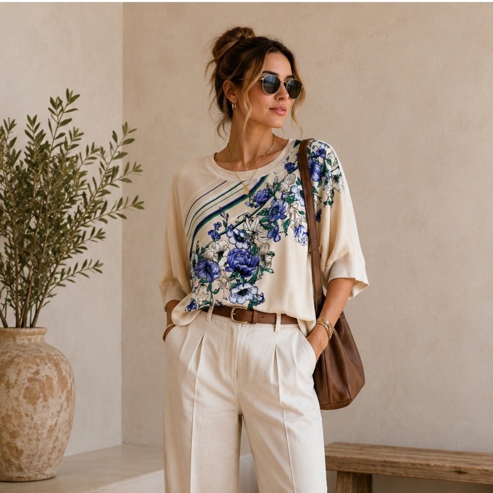 White House Black Market Floral Mixed Media Top Cream Blue M 3/4 Sleeve Blouse